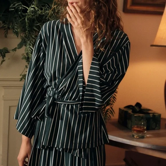 LAKE Dream Modal Kimono Pajama Set in Conifer Stripe L - Picture 2 of 8